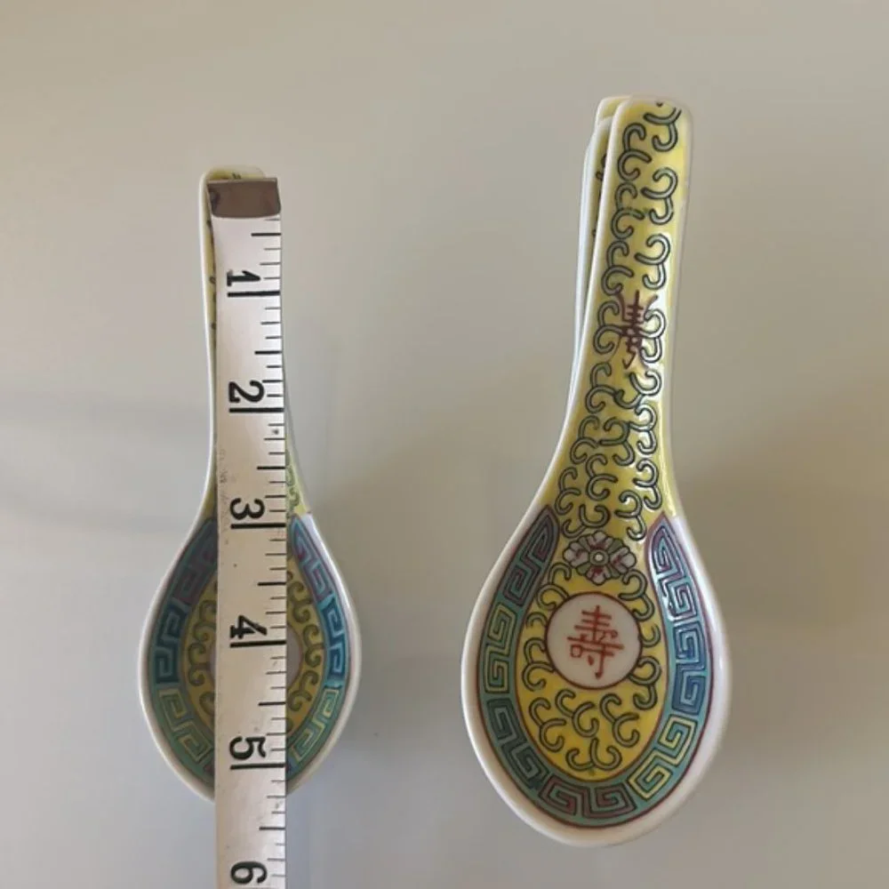 China Jingdezhen Wanshou Porcelain Soup Spoons Yellow Hand Painted Set of 7
